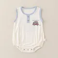 Sleeveless baby romper in beige and light blue with vintage bus print and button detail - Top And Bottom (Vintage Bus Print Style (2598)) / Blue / 73cm