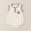 White sleeveless baby romper with brown trim and red van print made of thin cotton - Top And Bottom (Cartoon Van Style (2598)) / Brown / 73cm
