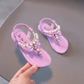 Purple girls' sandals with pearl beads and satin bow feature an elastic back strap - EU 34 / Violet