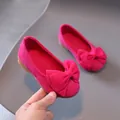 Pink girl's suede flat shoes with large bow decoration and durable rubber sole - 21 / Rose Red