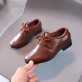 British style brown lace-up boy's leather shoes with textured faux snake pattern - Size 26-30 / Brown