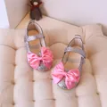 Pink sequined girls' Mary Jane princess shoes with a large satin bow and Velcro strap - EU 21 / Pink