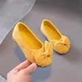 Bright yellow toddler girl princess flat shoes with decorative bow in soft suede finish - 21 / Yellow