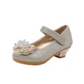Golden sequin girls princess shoes with beaded bow and low chunky heel for performance - EU 25 / Gold