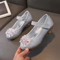 Funkelnde silberne Mary Jane Schuhe für Mädchen mit Strass-Schleife und niedrigem Blockabsatz - Größe 25 (Innenlänge 15.7cm) / Silber (MT85)
