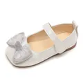 Perlmuttweiße Mary Jane Schuhe für Mädchen mit schimmernder Netzschleife und Kristallherz - Größe 34 (Innenlänge 20.5cm) / Weiß
