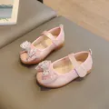 Pink Mary Jane shoes for girls with rhinestone bow and sparkling pearl texture - 34 (20.5cm) / Pink (F58)
