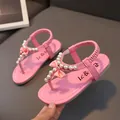 Pink girls sandals with silk bow and faux pearls decoration on stylish summer flip-flops - Size 21 (Inner Length 13CM) / Pink
