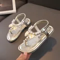 Champagne gold girl's flip-flop sandals with white pearls and silk bow decoration - Size 21 (Inner Length 13CM) / Gold