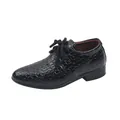 Close-up of black boys' leather dress shoes featuring embossed crocodile texture and laces - Size 21 Inner Length 15.5cm / Black