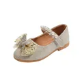 Close-up of glittery gold girls' princess shoes with bow and pearl velcro strap details - EU 21 / Gold