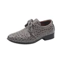 Macro detail of dark grey crocodile pattern embossed leather dress shoes for boys - Size 21 Inner Length 15.5cm / Gray
