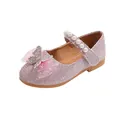 Detail of pink girls princess shoes with sequins, mesh bow and pearl strap decoration - EU 21 / Pink
