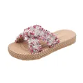 Détail de la semelle tressée et des lanières croisées à franges roses pour sandales femme - Pointure 23-24 (Longueur Intérieure 16.5CM) / Rouge