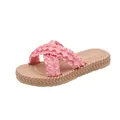 Detail of pink satin ruffled cross straps and woven texture sole on women's sandals - EU 23-24 / Pink