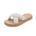 Detail of white ruffled straps and beige woven texture platform on summer slides - EU 23-24 / White