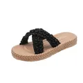 Chic women's cross-strap slides with black ruffled texture and straw-woven sole - EU 23-24 / Black