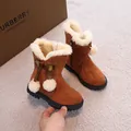 Stivali da neve per bambina in camoscio marrone con fodera in peluche e fiocco - Kaki
