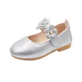 Silver metallic leather Mary Jane shoes for girls with floral pearl accents and rubber soles - Silver