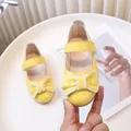 Bright yellow Mary Jane shoes for girls with large white-trimmed bow and velcro strap - Size 21 (Inner Length 13CM) / Yellow
