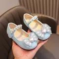 Sparkly light blue Mary Jane princess shoes for girls with lace bow and pearl strap - Size 21 (13.0cm Inner Length) / Blue