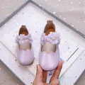 Elegant light purple pearlescent Mary Jane shoes with lace flower and pearl for girls - EU 21 / Purple