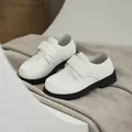 Beige faux leather boys dress shoes with black non-slip rubber soles and velcro straps - EU 22 / White
