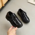 Boys black patent leather loafers with crocodile texture and velcro strap shoes - EU 22 / Black Crocodile Pattern Style (6S-1)