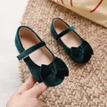 Deep green velvet Mary Jane shoes for girls with large bow and non-slip sole - Size 21 (13.5cm) / Green