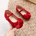 Elegant red velvet girls princess shoes with large bow and Mary Jane strap design - Size 21 (13.5cm) / Red