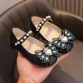 Sparkly black Mary Jane shoes for girls with pearl strap and bow detail for party wear - Size 21 (13.0cm Inner Length) / Black