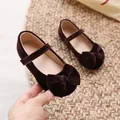 Girls' velvet Mary Jane flats in deep burgundy with a large bow and velcro strap - Size 21 (13.5cm) / Dark Brown