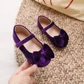Elegant deep purple velvet Mary Jane flats for girls with large bow and velcro strap - Size 21 (13.5cm) / Purple