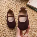 Girls burgundy suede Mary Jane flats with brown elastic strap for summer dancing shoes - Dark Brown