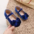 Donkerblauwe fluwelen Mary Jane schoenen voor meisjes met strik en platte zool - Blauw