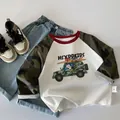 Boys' raglan long sleeve T-shirt with cartoon truck print and washed blue denim jeans - White with Camouflage Sleeves / 90