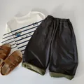 Detail of boys' striped long sleeve polo shirt and wide-leg pants with olive green cuffs - 90cm / Grey Green (Pants)