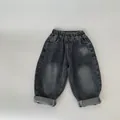 Jean denim garçon délavage foncé rétro avec taille élastique et ourlet revers - 100cm / Bleu