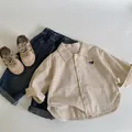 Toddler spring outfit set with striped whale embroidery shirt and denim jeans - 90 / Khaki Stripe (Whale Embroidery)