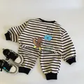 Ensemble de survêtement rayé pour enfant avec sweat à manches longues et motif renard - 90 / Rayures Abricot Gris