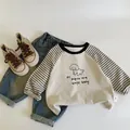 Toddler raglan sleeve T-shirt with puppy print and blue denim jeans outfit set - 90cm / Striped Sleeves