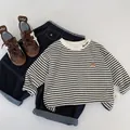 Kids long sleeve striped t-shirt and loose denim pants two-piece set for boys and girls - 120cm