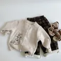 Three-piece kids' winter outfit with dog embroidery cardigan and plaid fleece-lined pants - 90 / Beige Apricot