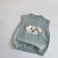 Gilet lavorato a maglia per bambini con cane 3D verde menta e bordi a costine - 120cm / Blu