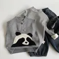 Kids three-piece outfit with grey panda knit vest, striped shirt, and denim pants - 80cm / Gray