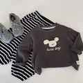 Detailed flat lay of children's grey long sleeve tee and striped pants set - 90cm / Iron Grey