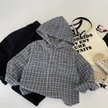 Kids casual outfit with blue yellow plaid hooded shirt and black pants ensemble - Blue Plaid / 90cm