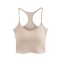 Women's light brown ribbed racerback tank top with built-in bra and thin straps - S / Khaki