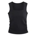 Slim fit black square neck tank top with elegant side ruching details and padded design - S / Black