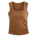 Slim fit coffee brown square neck ribbed tank top with side ruching details - S / Caramel
